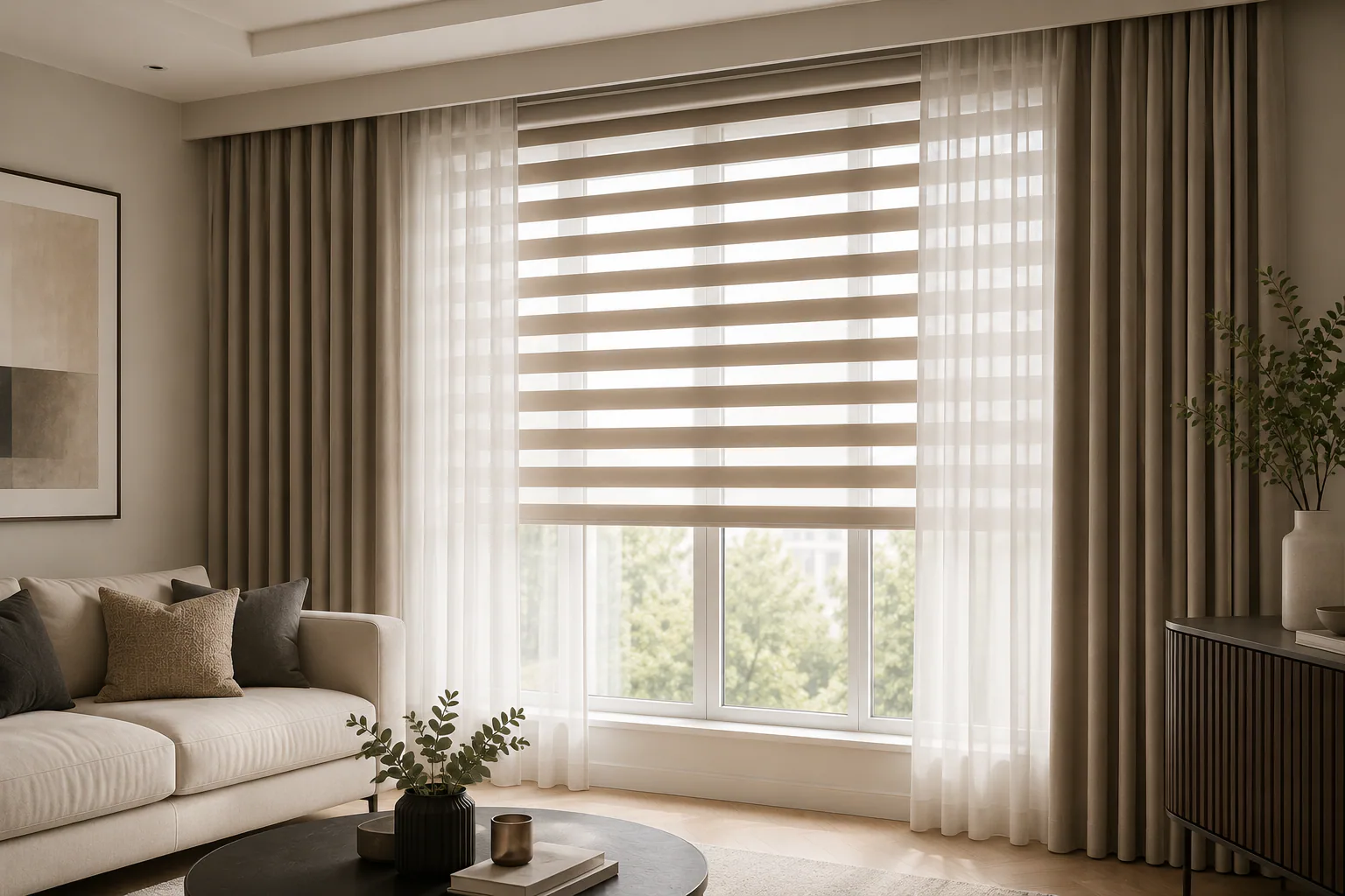 Layered curtains and blinds in a living room